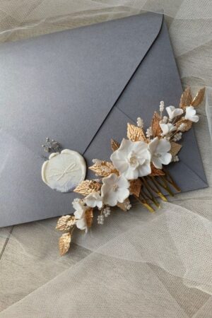 Весільний гребінь з квітами та золотими листочками, артикул 34092002, фото №4
